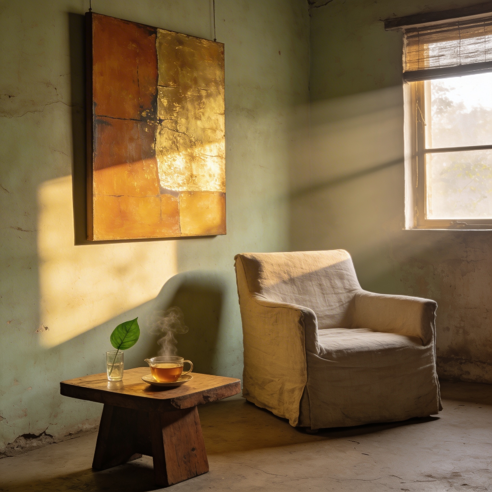 A single abstract painting on a warm white wall in soft morning light