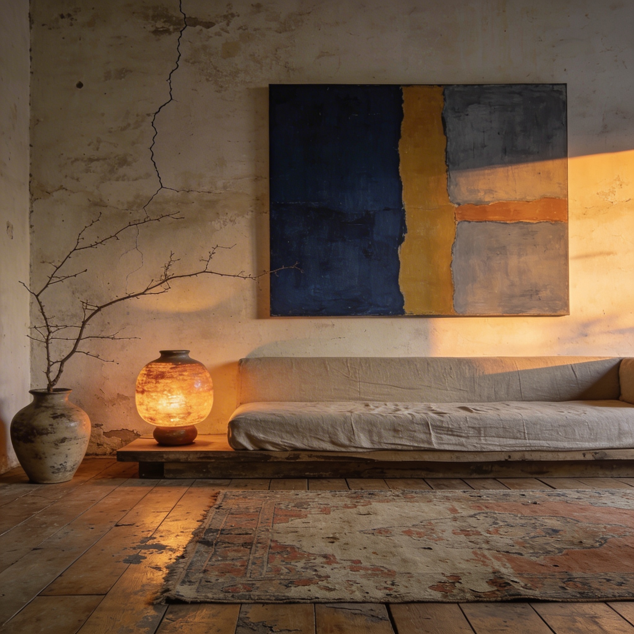 A single abstract ocean painting in deep navy and gold, hung on a warm white wall in a dimly lit living room