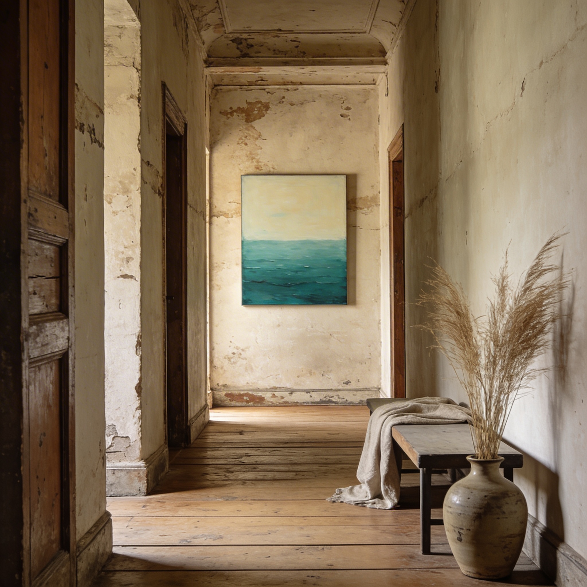 Dark teal and gold abstract painting suggesting churning water