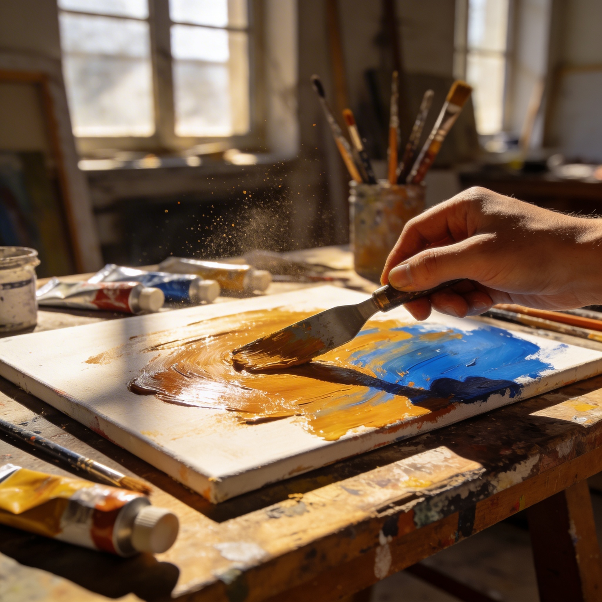 A freshly completed abstract painting on an easel