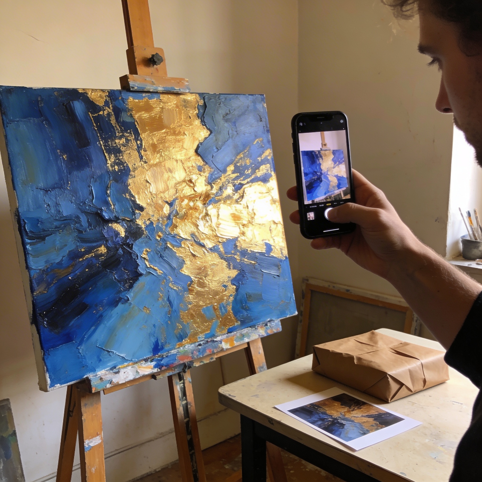 Wrapped canvas painting in protective packaging