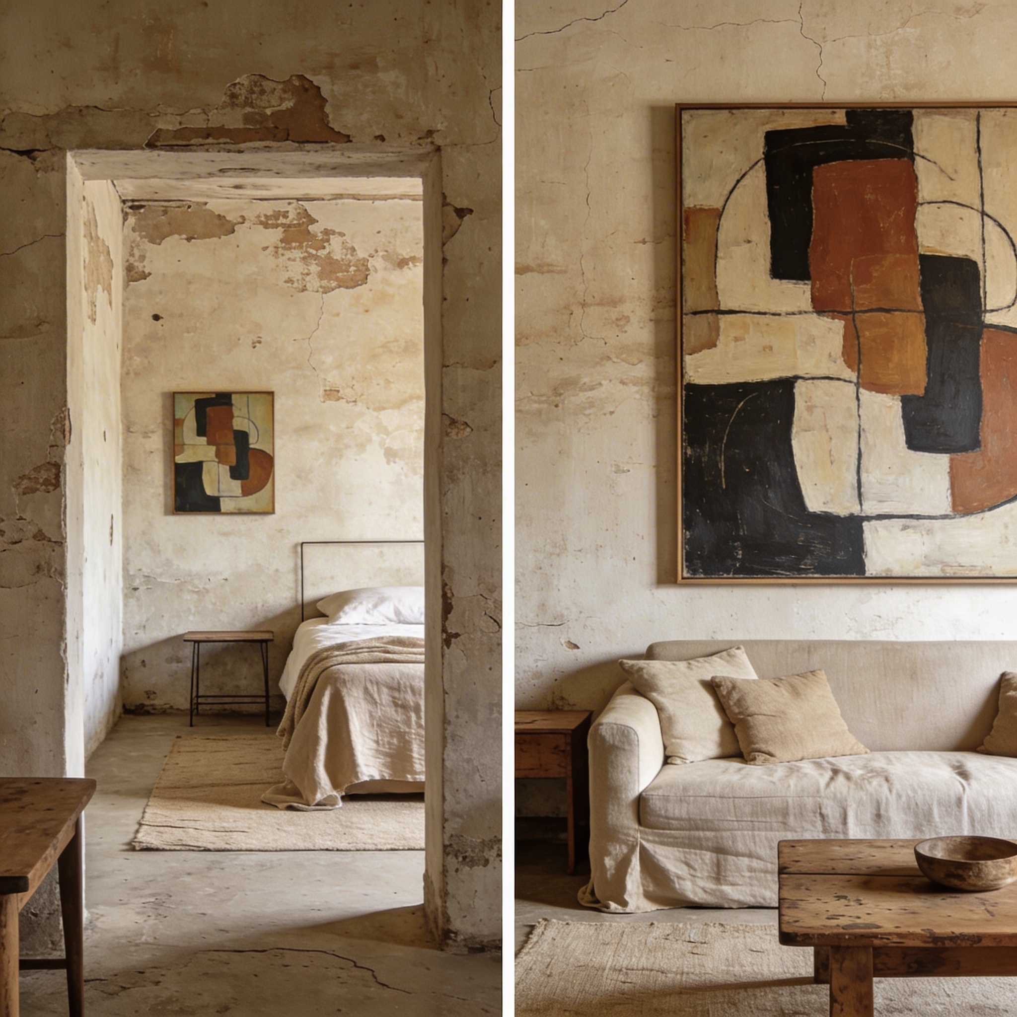 Size comparison showing the same painting at different sizes on a wall above a sofa