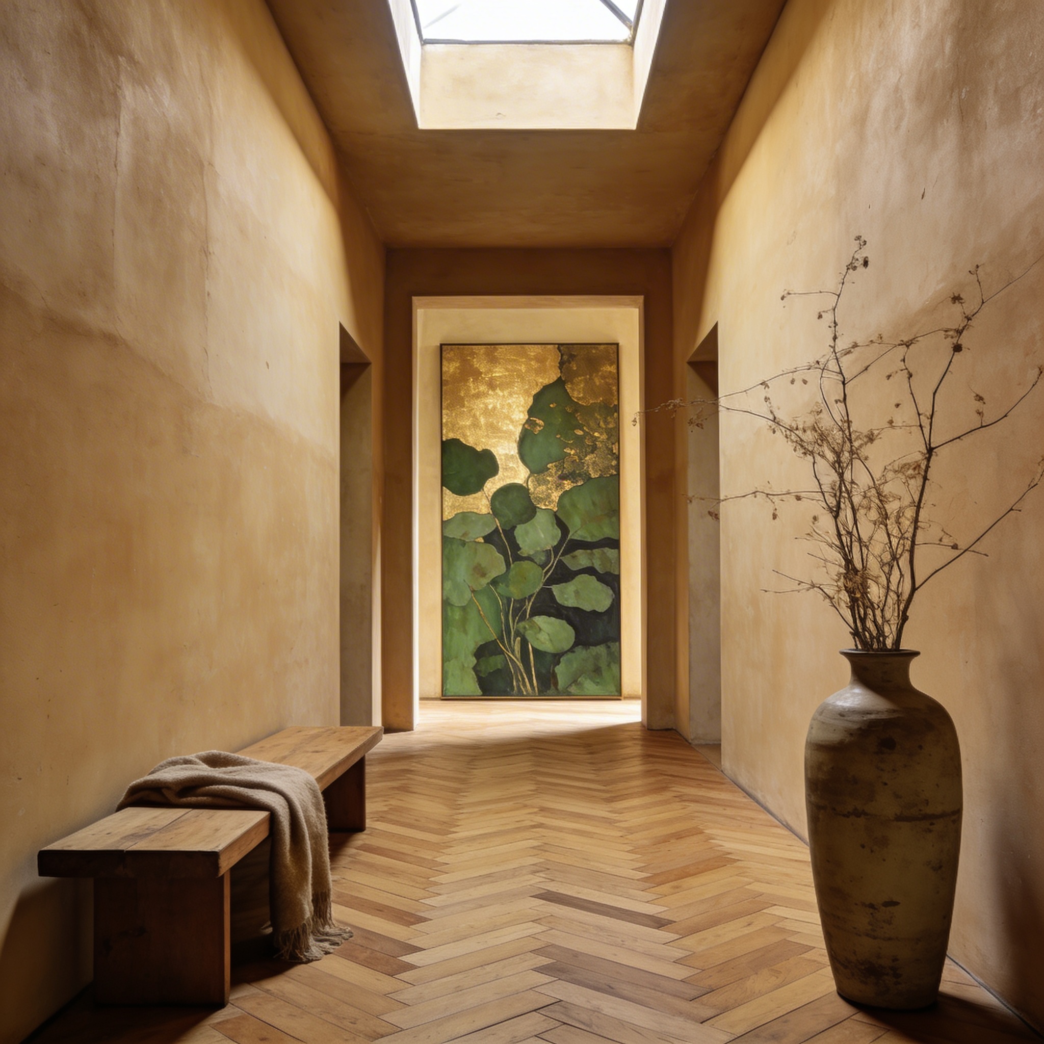 Earth-toned abstract painting in olive, ochre and charcoal